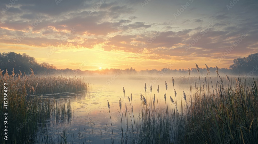 Obraz premium tranquil marshland at dawn, with reeds swaying in the breeze, mist rising from the water, and the first light of day breaking through the clouds