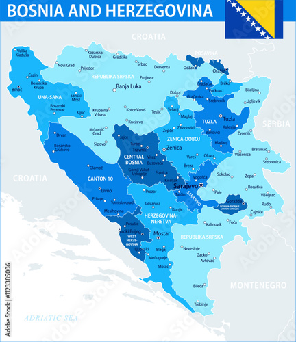 Bosnia and Herzegovina Map Vector Blue Spot - Customizable layered political map of Bosnia and Herzegovina with administrative divisions for website, education, reports, news, politics, print