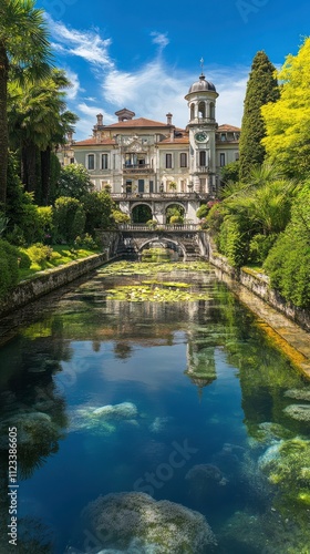 Stunning View of Isola Madre With Ornamental Gardens Reflecting in the Waters of Lago Maggiore in Northern Italy. Generative AI
