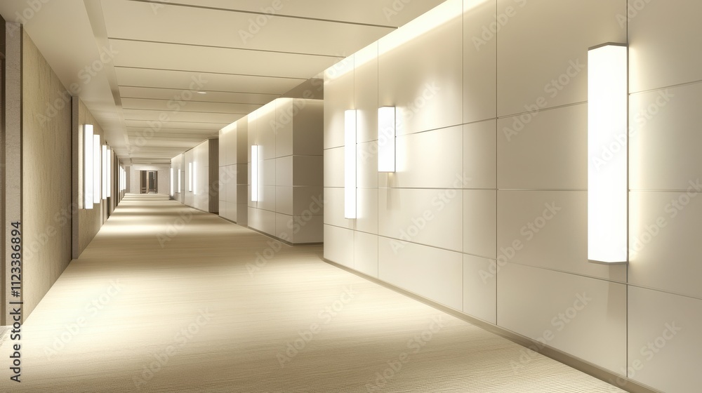 Fototapeta premium Modern Well-Lit Hotel Corridor with Sleek Design and Warm Lighting