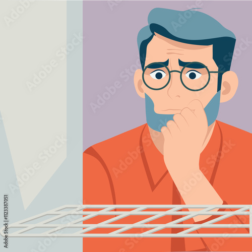 Illustration of a man in a modern minimalist style standing in front of an open empty refrigerator. Bright color palette and flat design. Use in articles about nutrition, hunger and emotional state. 