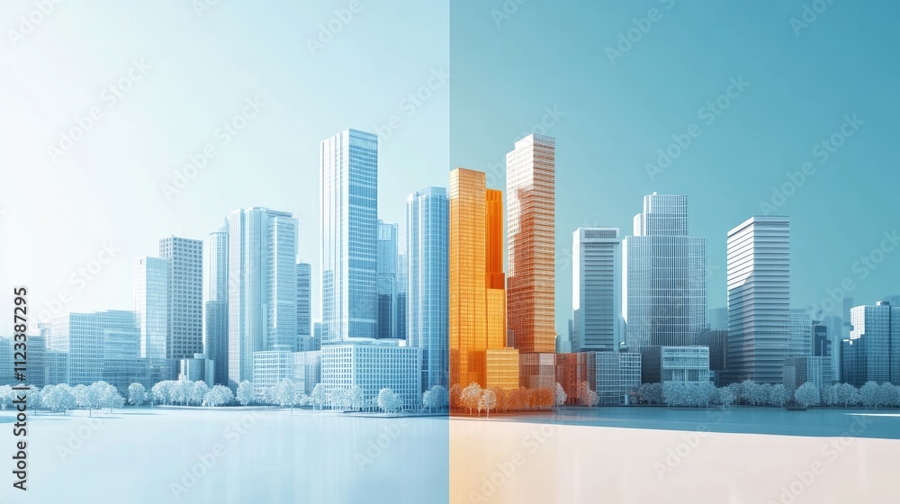 Obraz premium technology-driven cityscape flat design front view urban innovation 3D render Split-complementary color scheme