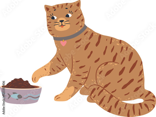 Adorable pet cat with a collar and heart pendant enjoying mealtime, reaching its paw towards a bowl filled with food, showcasing love and care for feline companions