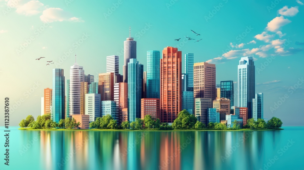 Fototapeta premium technology-driven cityscape flat design front view urban innovation 3D render Split-complementary color scheme
