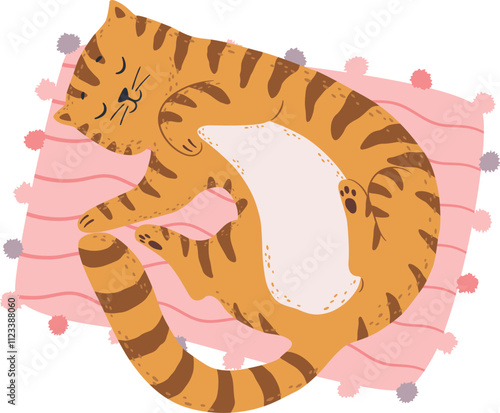 Cute ginger tabby cat sleeping peacefully on a pink cushion, enjoying a relaxing nap, curled up and cozy, creating a heartwarming scene of feline contentment