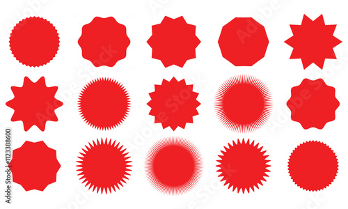 Set of red price sticker, sunburst badges icon. Stars shape with different number of rays. Red starburst speech bubble set, labels, stickers - stock vector 