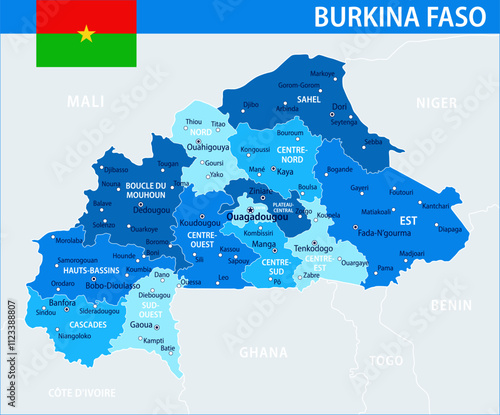 Burkina Faso Map Vector Blue Spot - Customizable layered political map of Burkina Faso with administrative divisions for website, education, reports, news, politics, print, poster