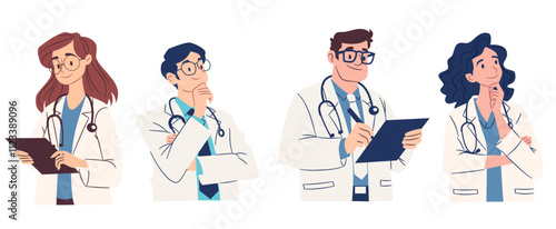 Set of flat vector illustrations on medical theme. Male and female doctors in pensive poses and with a notebook. Vector illustration