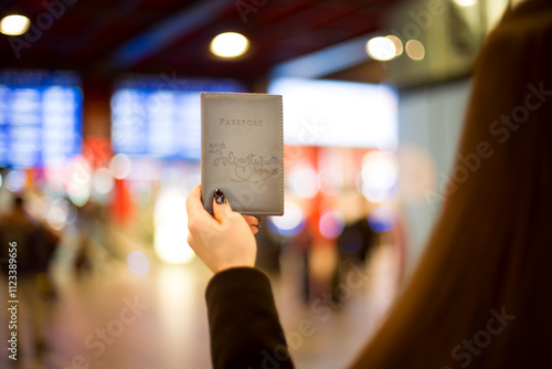 Female Hand Holding Passport in Front of Train Schedule