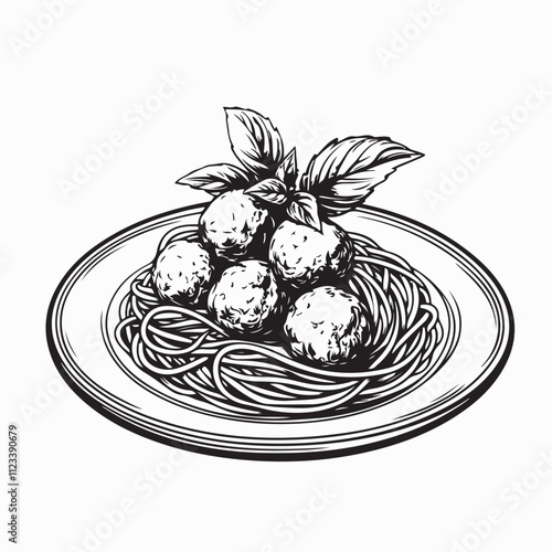 Spaghetti Meatballs image vector. A delicious plate of spaghetti and meatballs illustration.
