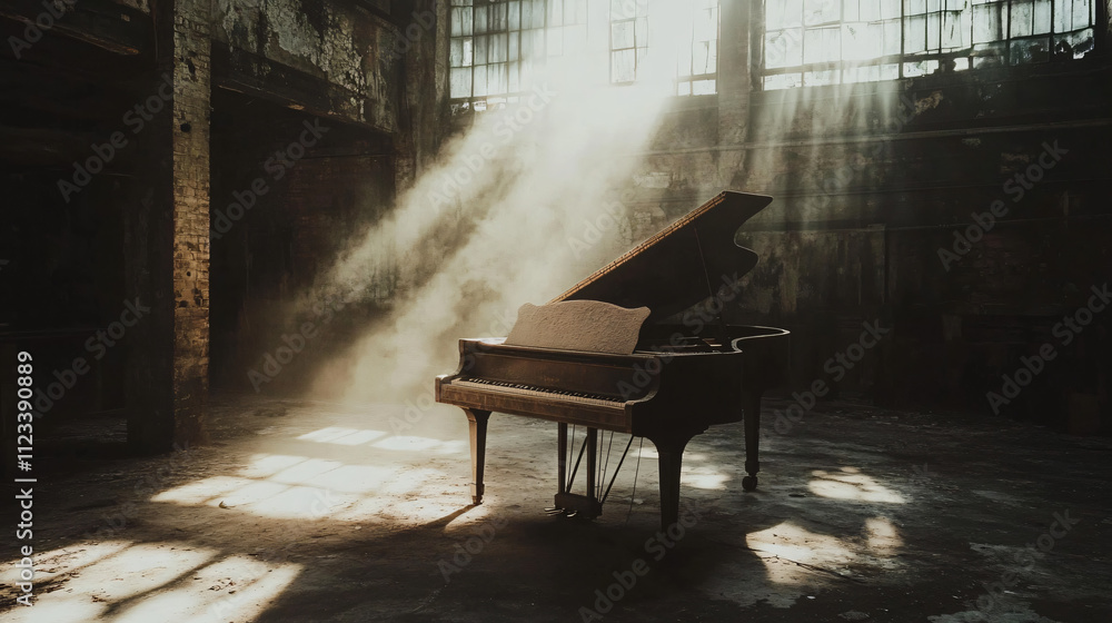 A dust-covered piano in a warehouse, surrounded by shadows and silence, light filtering through broken walls. A dust-covered piano in a warehouse, surrounded by shadows and silence, light filtering through broken walls.