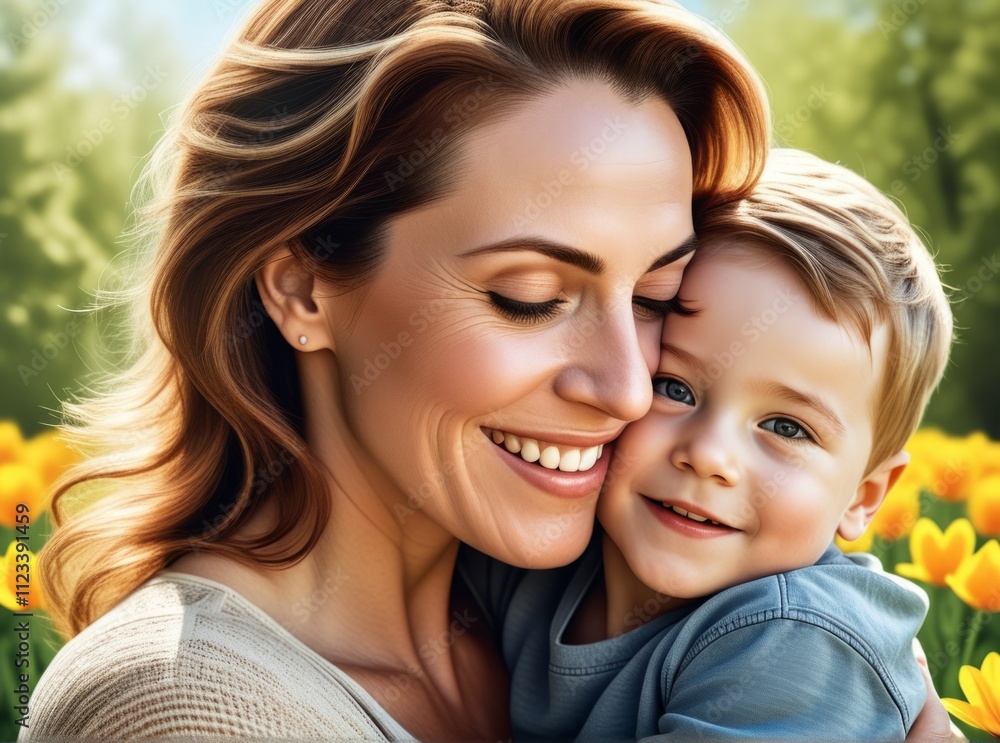 Joyful moment between mother and son in a blooming garden during springtime Joyful moment between mother and son in a blooming garden during springtime