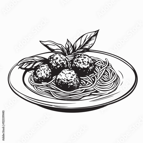 Spaghetti Meatballs image vector. A delicious plate of spaghetti and meatballs illustration.