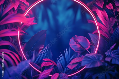 Dark blue and vibrant pink jungle plants encased in a neon circle frame with plenty of copy space. Ultra-realistic, HD quality. photo