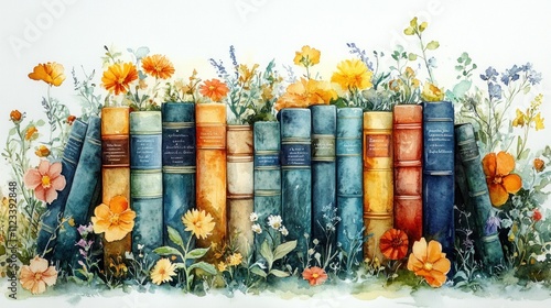 Fototapeta Naklejka Na Ścianę i Meble -  Colorful books surrounded by vibrant flowers