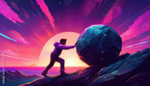 Silhouette of a man pushing a huge boulder up the hill. Sisyphus metaphor carry a heavy stone uphill to the top of a mountain. Force used in vain, struggle and perseverance conceptual background