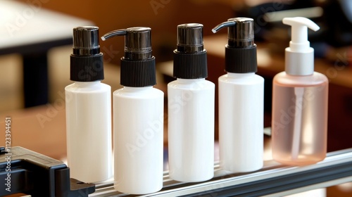 Four White Bottles with Black Pump Dispensers and One Pink Bottle