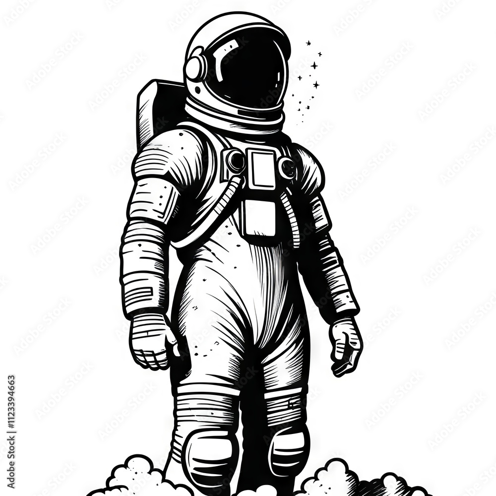 Astronaut standing on clouds with detailed space suit and helmet Astronaut standing on clouds with detailed space suit and helmet