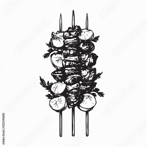Skewers with lamb, showcasing the meat, sauce, and garnish image vector on white background
