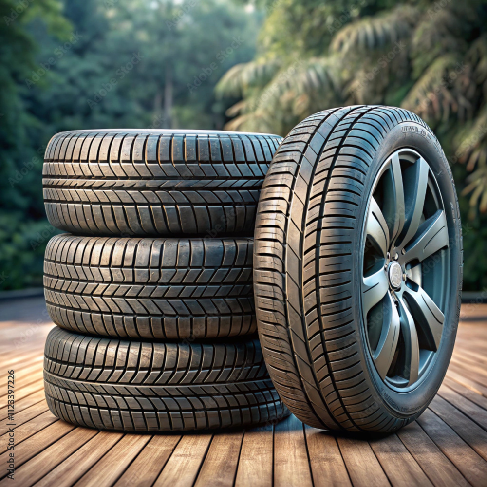 Obraz premium Car tires on a wooden surface, blurred background.