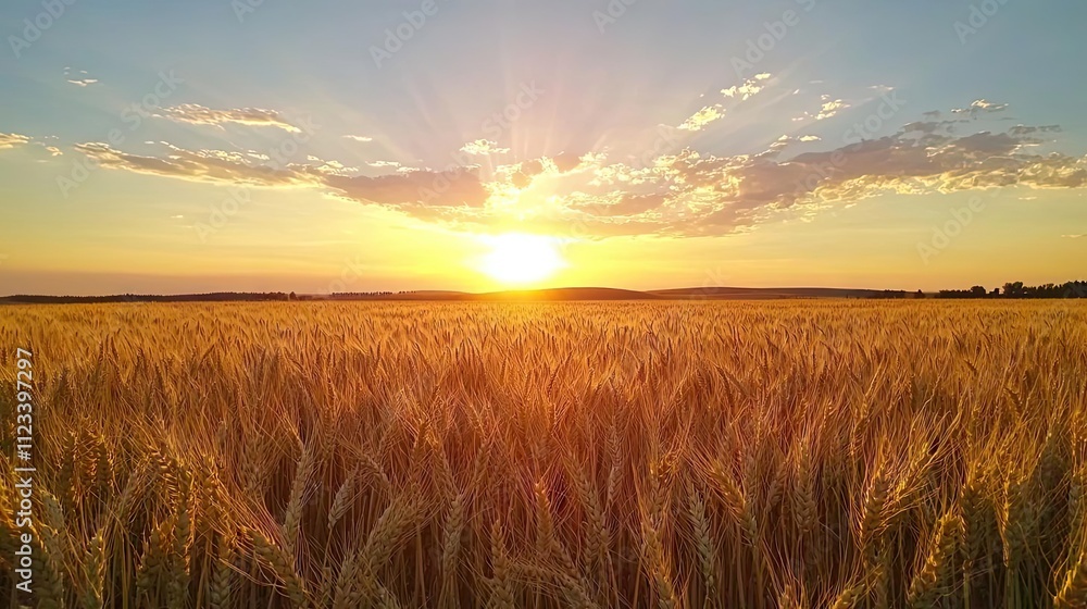 Golden wheat field at sunset with vibrant sky. Sustainable Agri-Tech Smart Farming Solutions Future of Agriculture Golden wheat field at sunset with vibrant sky. Sustainable Agri-Tech Smart Farming Solutions Future of Agriculture
