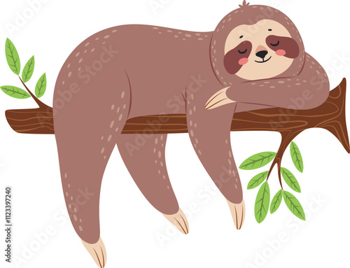 Charming cartoon illustration features a relaxed sloth sleeping soundly on a tree branch, surrounded by lush green leaves, conveying tranquility and the beauty of nature