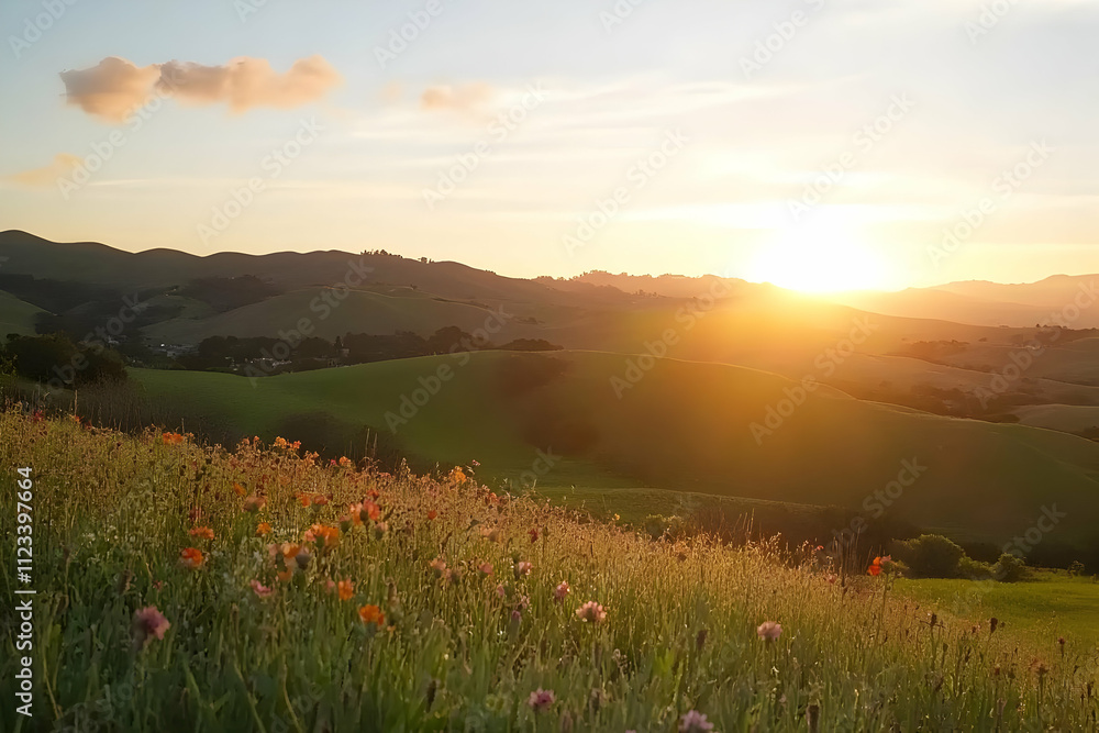 Nature Wallpaper - A serene sunset over rolling hills adorned with colorful wildflowers. Nature Wallpaper - A serene sunset over rolling hills adorned with colorful wildflowers.