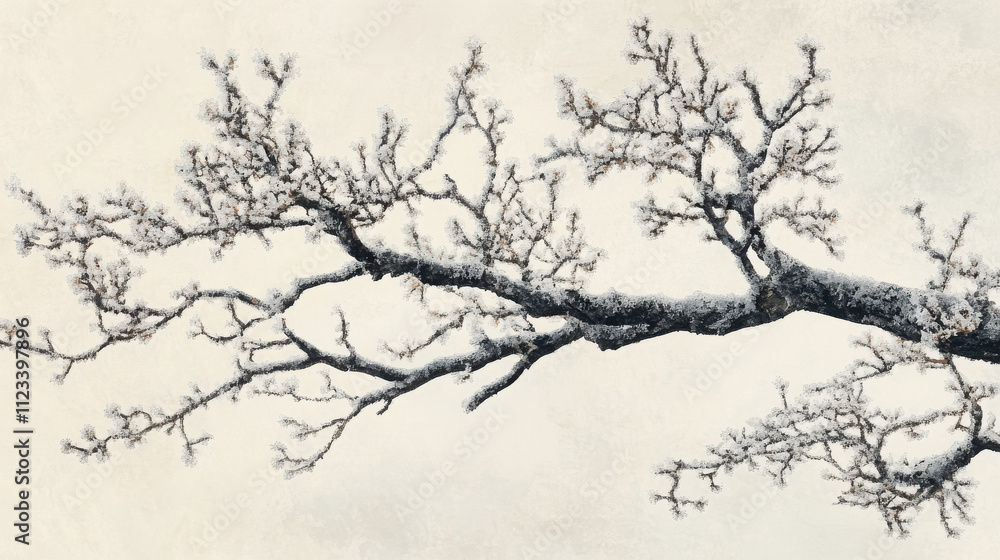 Fototapeta premium Sparse branches of a tree coated with a light layer of frost, set against a pale overcast background
