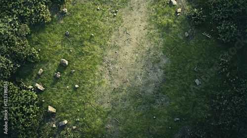 a top down distant view of a large grassy fantasy battleground, with bits of debris and runes, with a worn path running from top to bottom, grimdark game board