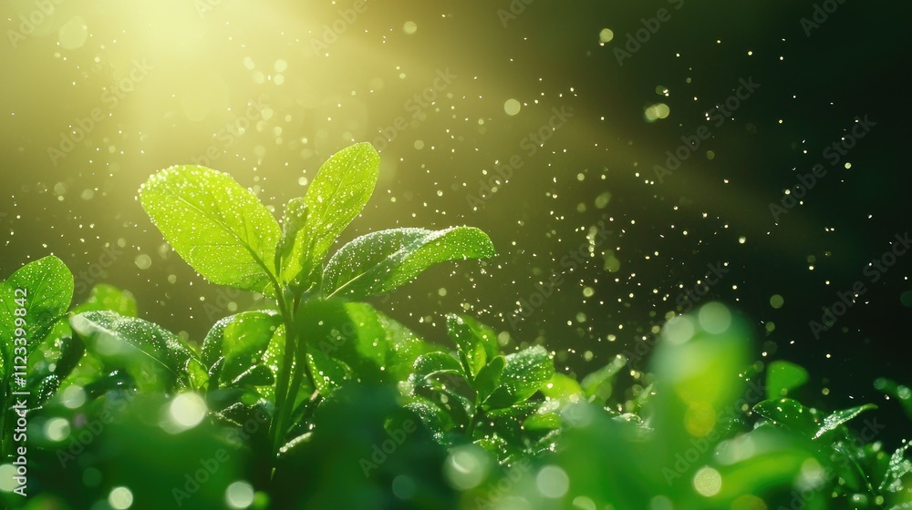 Fresh Green Leaves Surrounded by Delicate Water Droplets in Nature Fresh Green Leaves Surrounded by Delicate Water Droplets in Nature