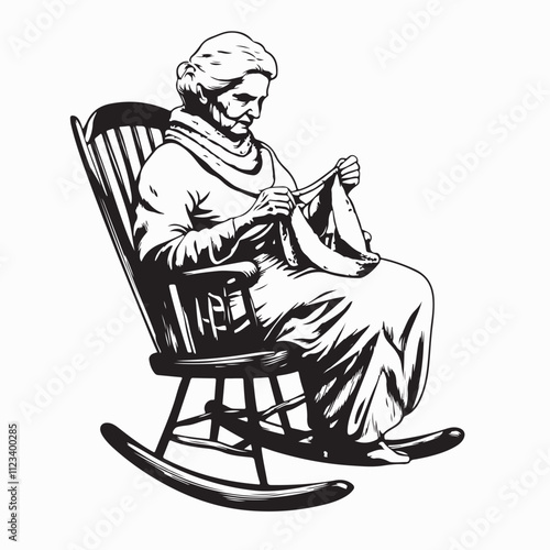 Elderly Woman Sits Rocking Chair Knits image Vector isolated on white background.