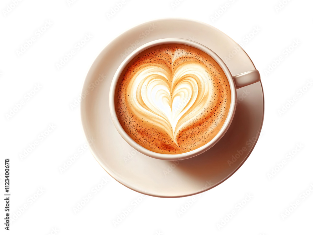 A beautifully crafted latte with a heart-shaped design on top, served in a white cup on transparent background. A beautifully crafted latte with a heart-shaped design on top, served in a white cup on transparent background.