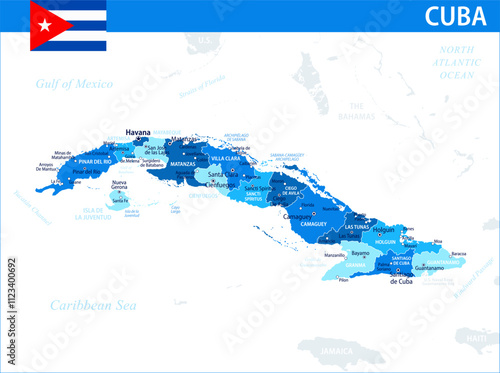 Cuba Map Vector Blue Spot - Customizable layered political map of Cuba with administrative divisions for website, education, reports, news, politics, print, poster and wallpaper