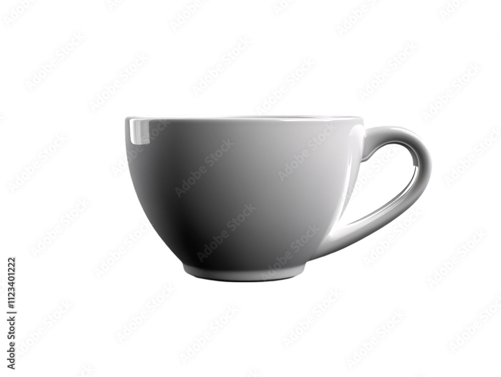 A sleek, modern white cup with a curved handle, showcasing a smooth surface and elegant design on transparent background. A sleek, modern white cup with a curved handle, showcasing a smooth surface and elegant design on transparent background.