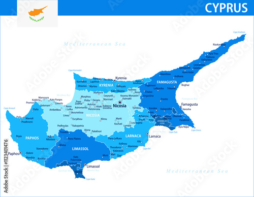 Cyprus Map Vector Blue Spot - Customizable layered political map of Cyprus with administrative divisions for website, education, reports, news, politics, print, poster and wallpaper