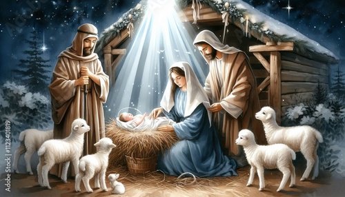 Birth of Jesus Christ - Nativity of Jesus - Catholic, Jewish Christian, New Testament - Joseph, Virgin Mary birth of Baby Christ Child of God in Stables of Bethlehem with Shepherds - Winter Solstice