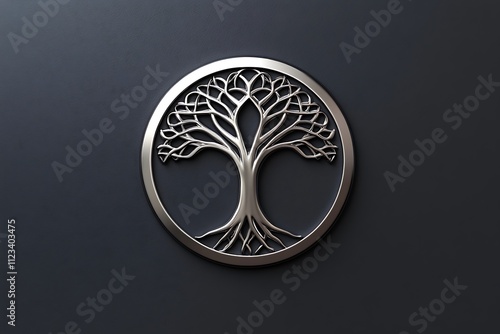 Detailed 3D silver Yggdrasil tree logo with metallic texture against dark grey background. Circular badge, soft shadows, high contrast. Ultra HD. photo