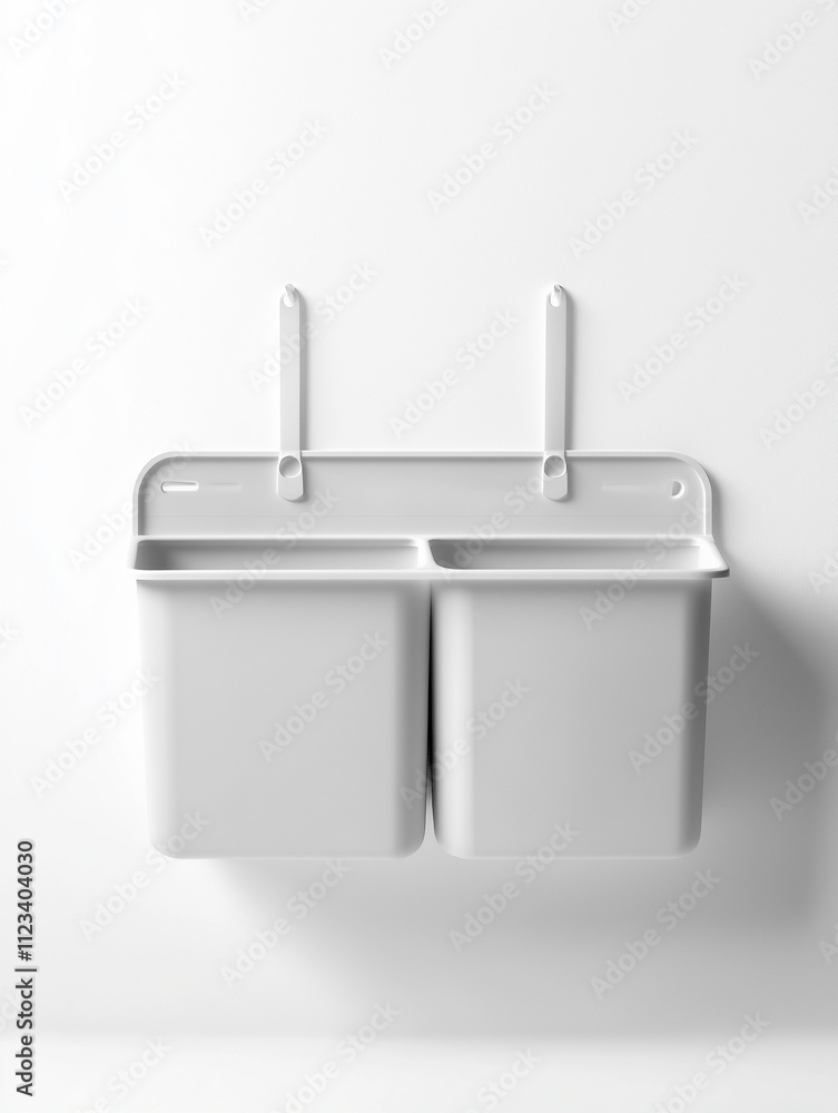 Minimal wall mounted mockup of diaper storage container with two compartments on clean white background Minimal wall mounted mockup of diaper storage container with two compartments on clean white background