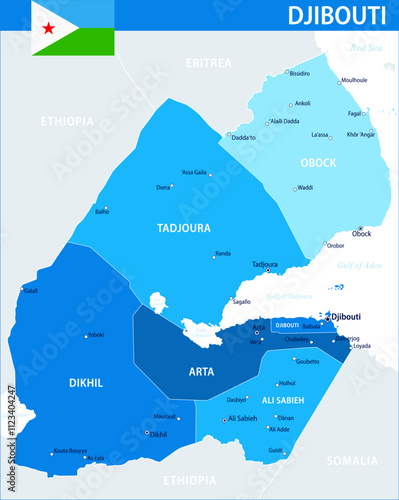Djibouti Map Vector Blue Spot - Customizable layered political map of Djibouti with administrative divisions for website, education, reports, news, politics, print, poster and wallpaper