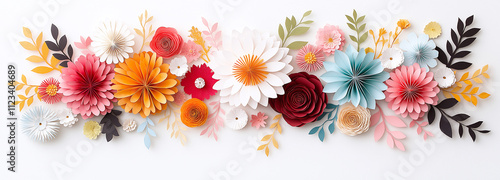 vibrant collection of paper cut flowers in various colors and shapes, showcasing intricate designs and textures. This beautiful arrangement adds cheerful touch to any space