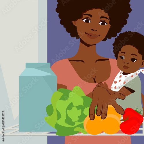 A dark-skinned mom and her baby in her arms look into an open refrigerator and pick out food. Vector illustration