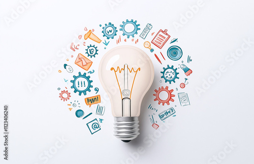 light bulb surrounded by gears and various symbols representing ideas and creativity. This captures essence of innovation and inspiration in visually engaging way