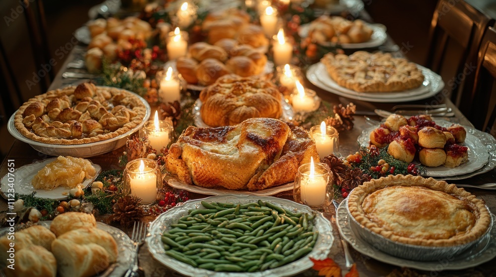 Obraz premium A festive table filled with various delicious dishes and candles.