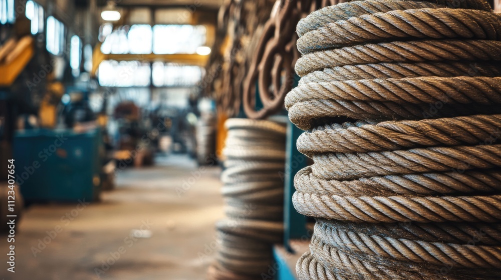 Fototapeta premium Industrial Warehouse with Coiled Rope in Focus on Workshop Floor