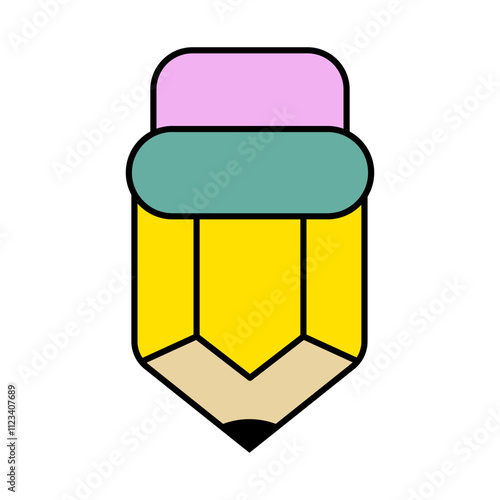 Pencil Icon with Colorful Design Vector Illustration. The pencil body is a bright yellow with a black outline, and the tip is beige to represent the sharpened wooden part.