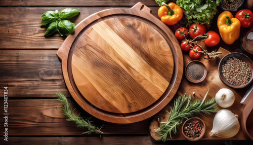 Wallpaper Mural Rustic wooden cutting board surrounded by colorful fresh vegetables and herbs, menu for restaurant Torontodigital.ca