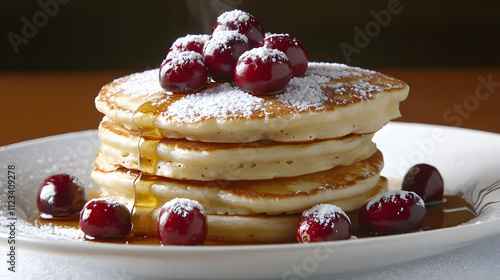 A stack of fluffy Christmas pancakes drizzled with maple syrup and topped with cranberries and powdered sugar. photo