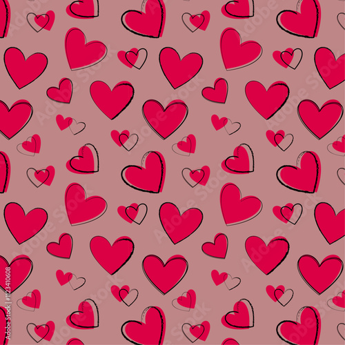 Red Hearts & Outlines vector repeat pattern