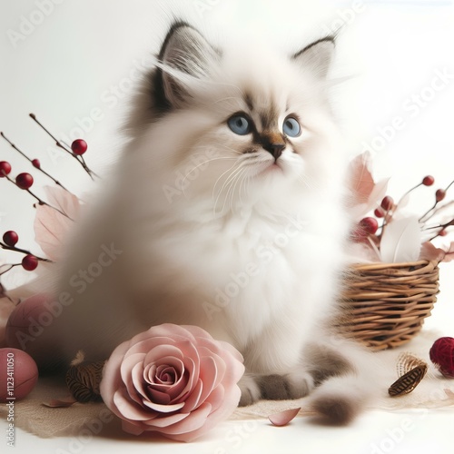  Sacred Birman cat kitten on white background