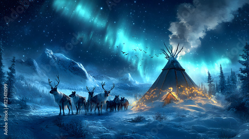 A team of huskies and reindeer standing beside a Sami tent under a sky full of northern lights with smoke curling from the chimney. photo